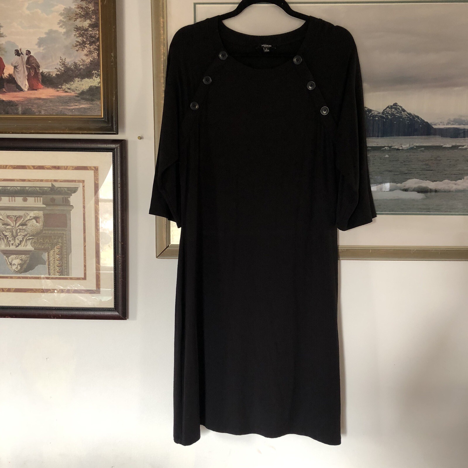 Premise Dresses Black Button Detail 3/4 Sleeve Jersey Dress Women’s Sz XL A2819