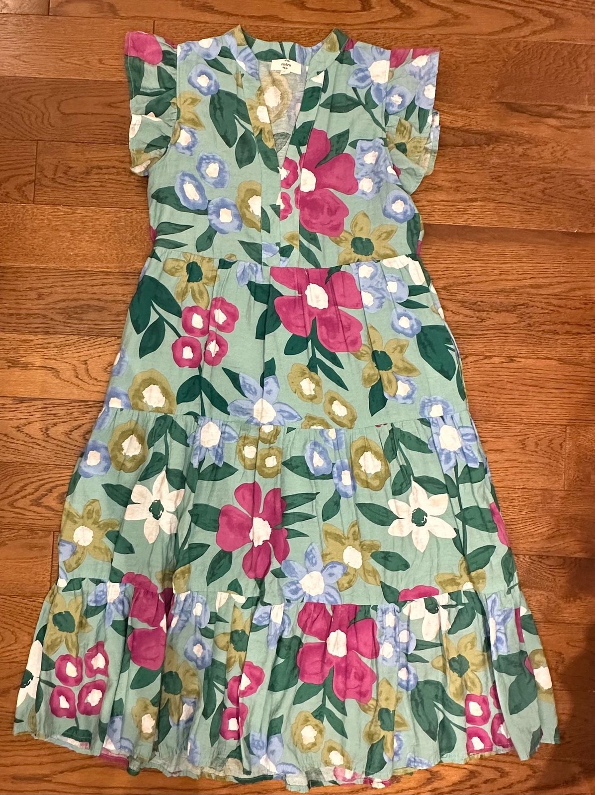 Entro Sage Green Floral Tiered Ruffle Sleeve Midi Dress