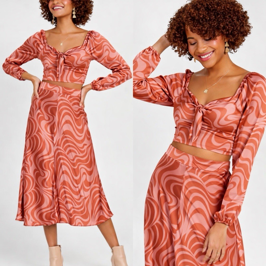 NWT Altar’d State Made in USA Swirl Satin Skirt Cropped Top Midi Dress Set M