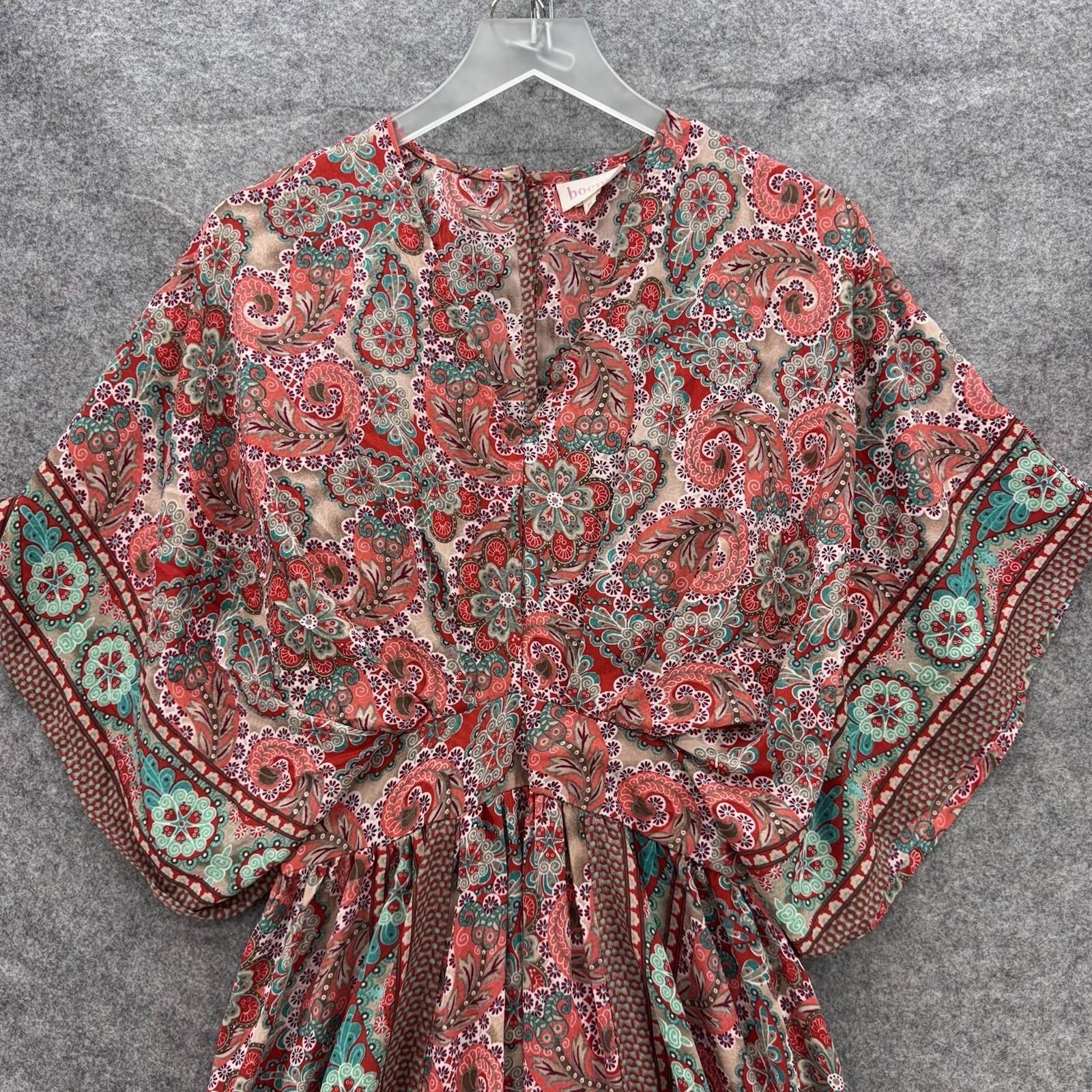 boemo Paisley Boho Maxi Dress Size M Red Pink Blue Kimono Sleeve V Neck Kaftan