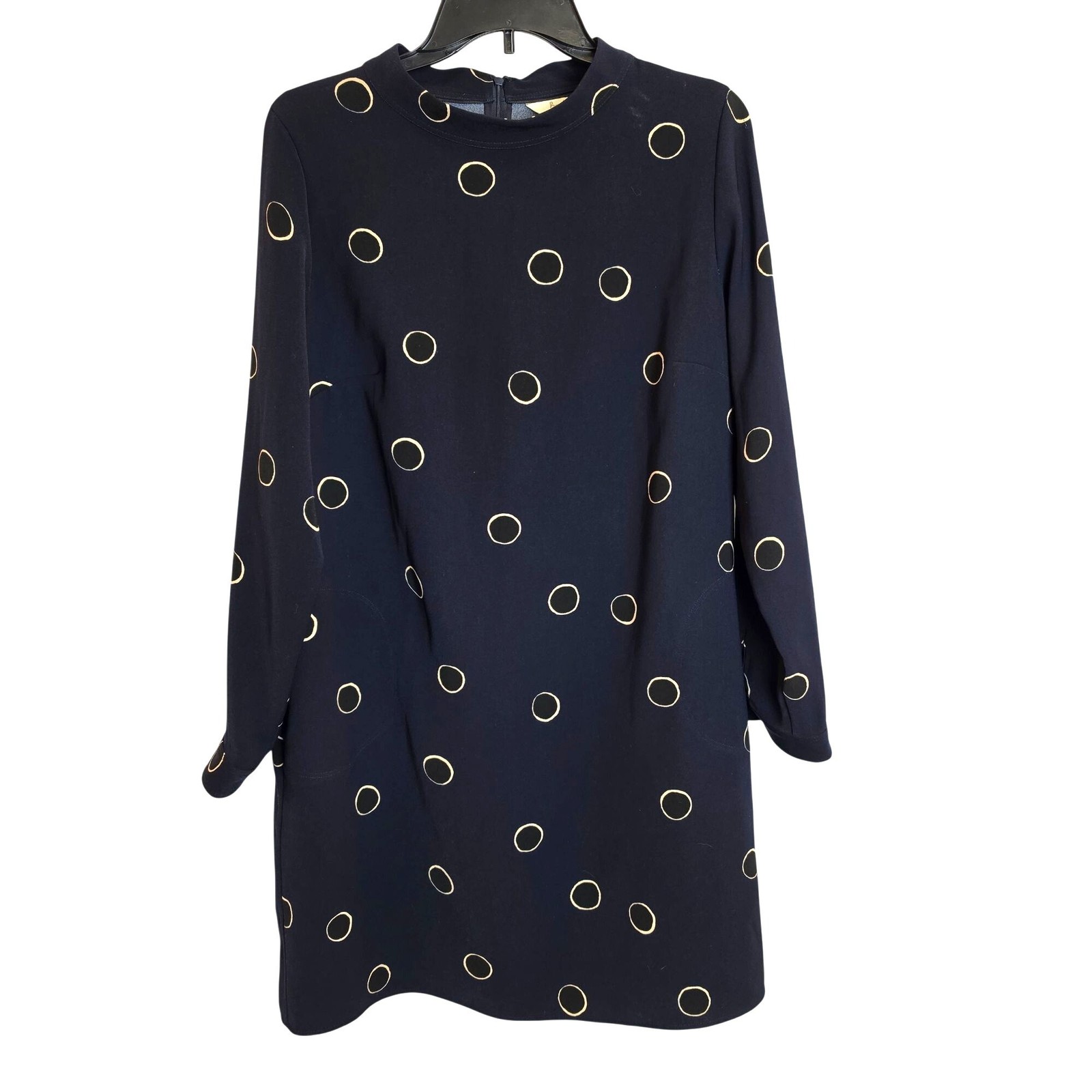 Boden Navy Polka Dot Shift Dress High Neck Long Sleeve Women Size 12R Career