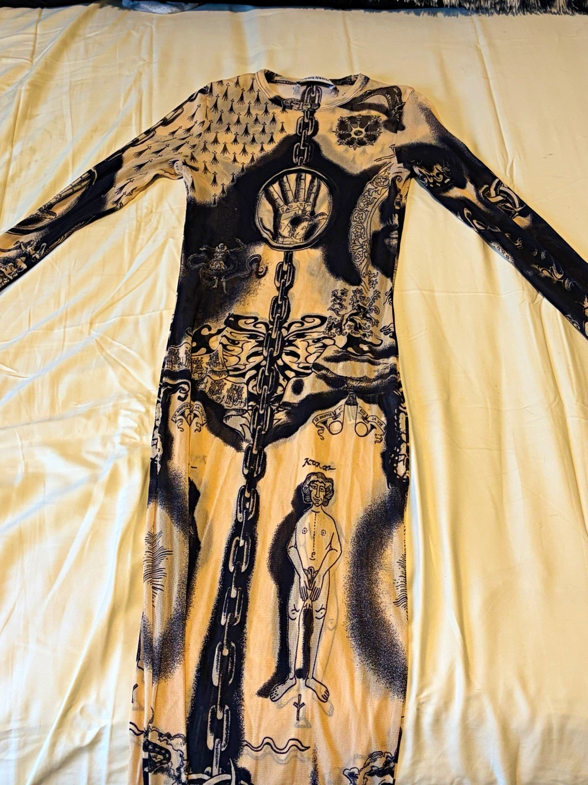 Jean Paul Gaultier Love Moi Mesh Graphic Print Maxi Bodycon Dress XS Beige
