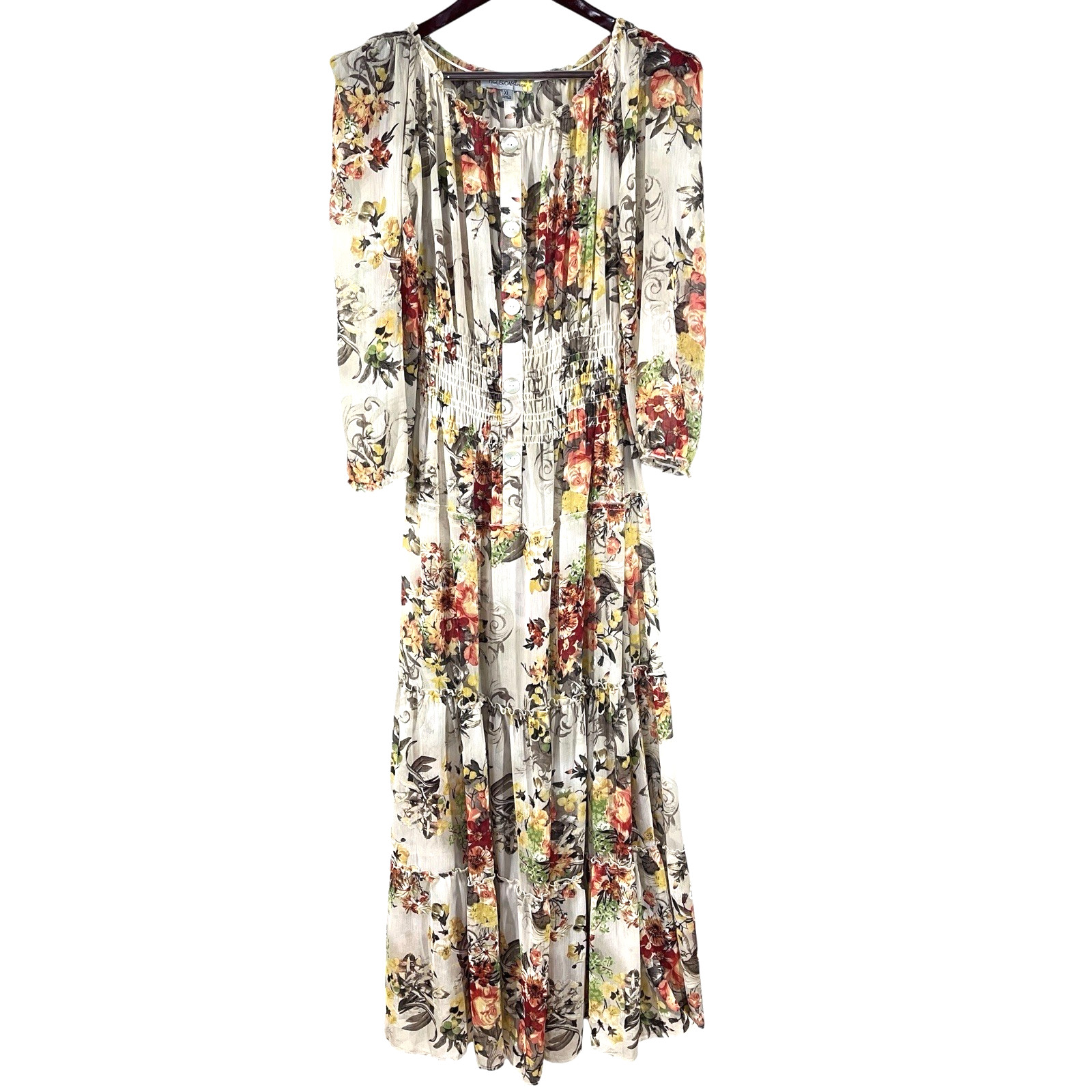 Figueroa Floral Maxi Dress Womens XL Floral Buttons Tiered Sheer Boho Cottage
