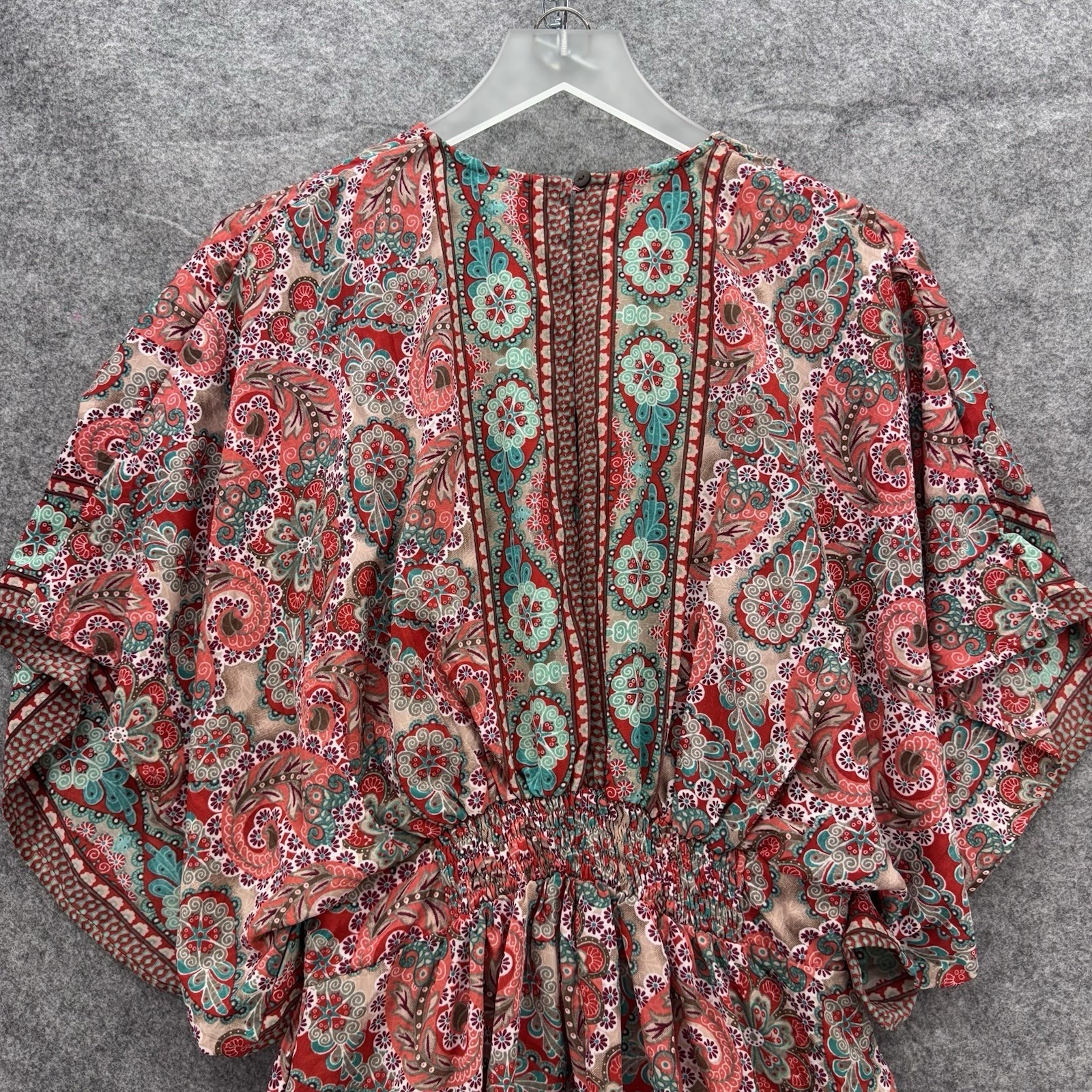 boemo Paisley Boho Maxi Dress Size M Red Pink Blue Kimono Sleeve V Neck Kaftan