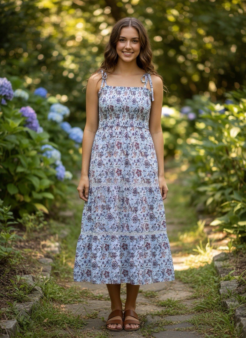Womens Roller Rabbit Sketched Floral Tie-Shoulder Tiered Maxi A-Line Dress Sz L