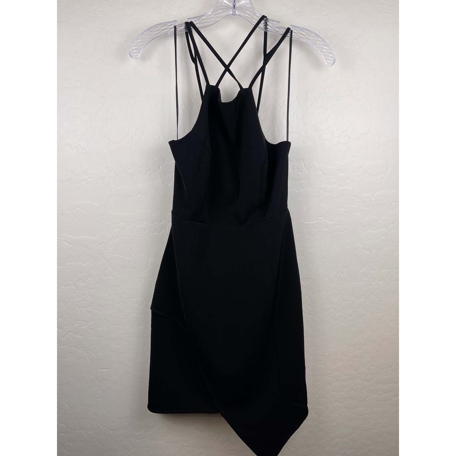 Express Womens Black Halter Mini Dress Strappy Cutout Back Asymmetrical Hem Sz 2