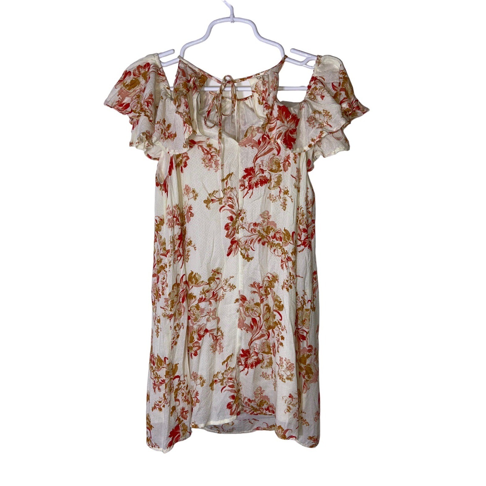 En Creme Floral Cold Shoulder Ruffle Mini Dress Boho Cottagecore Romantic Size S