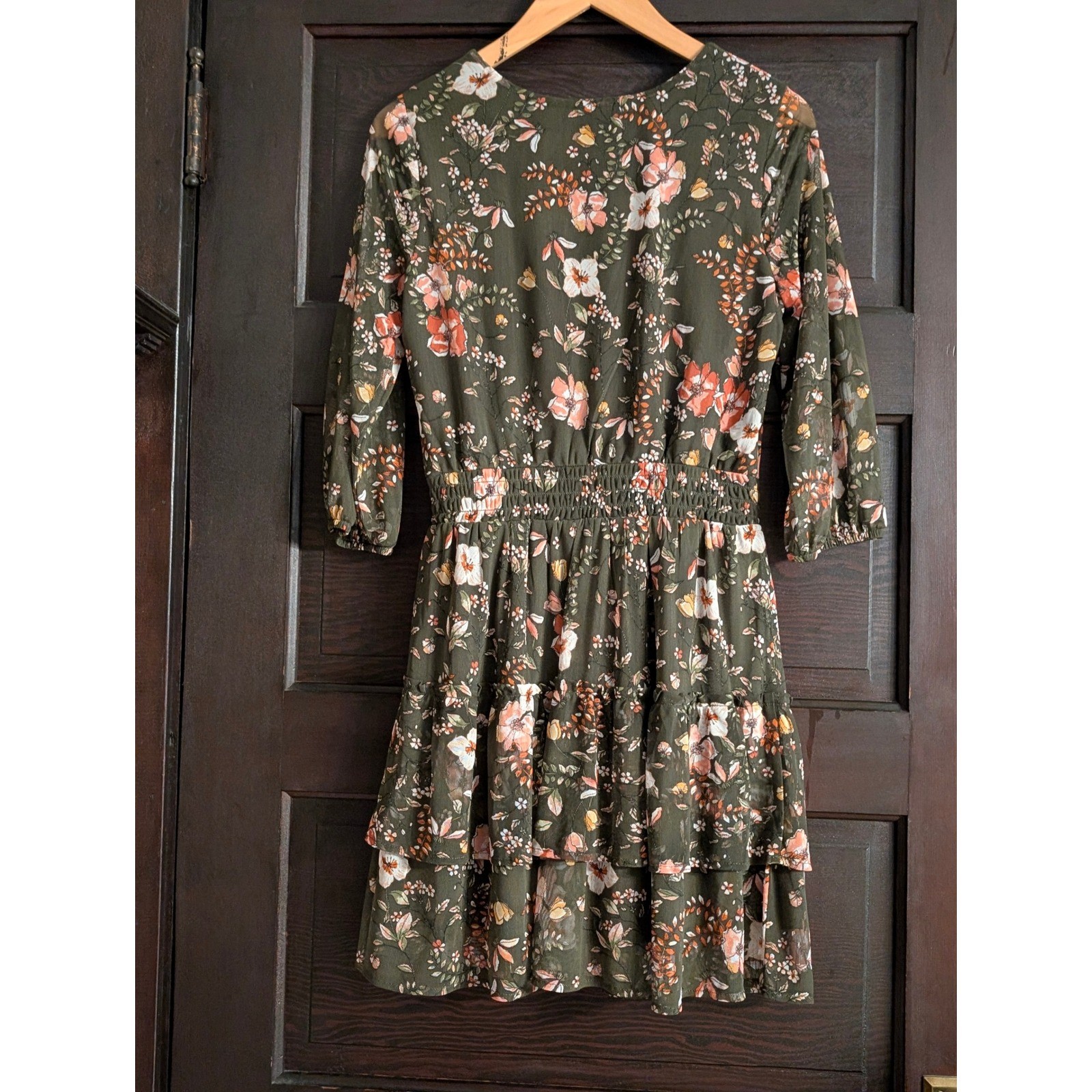 Fortune + Ivy Olive Green Floral Mesh Mini Dress Smocked Waist 3/4 Sleeve Small