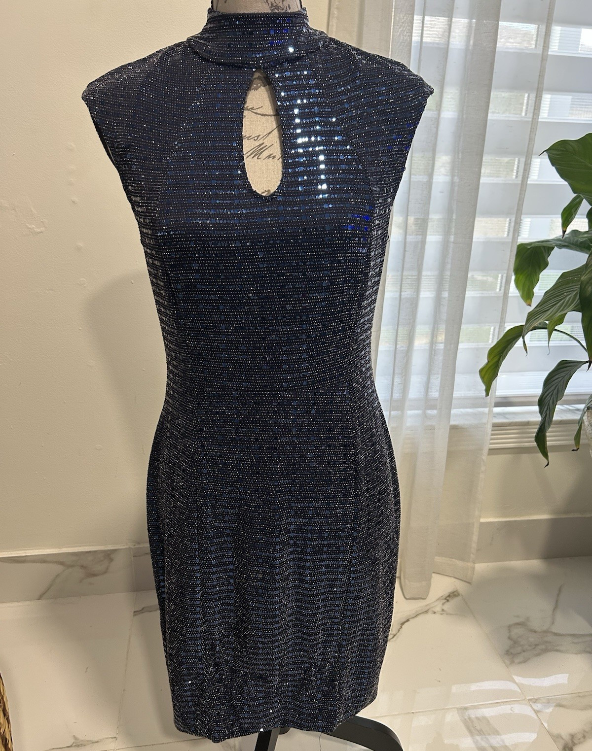 En Focus Studio Navy Sequin Mock Neck Keyhole Sleeveless Sheath Stretch Dress 8