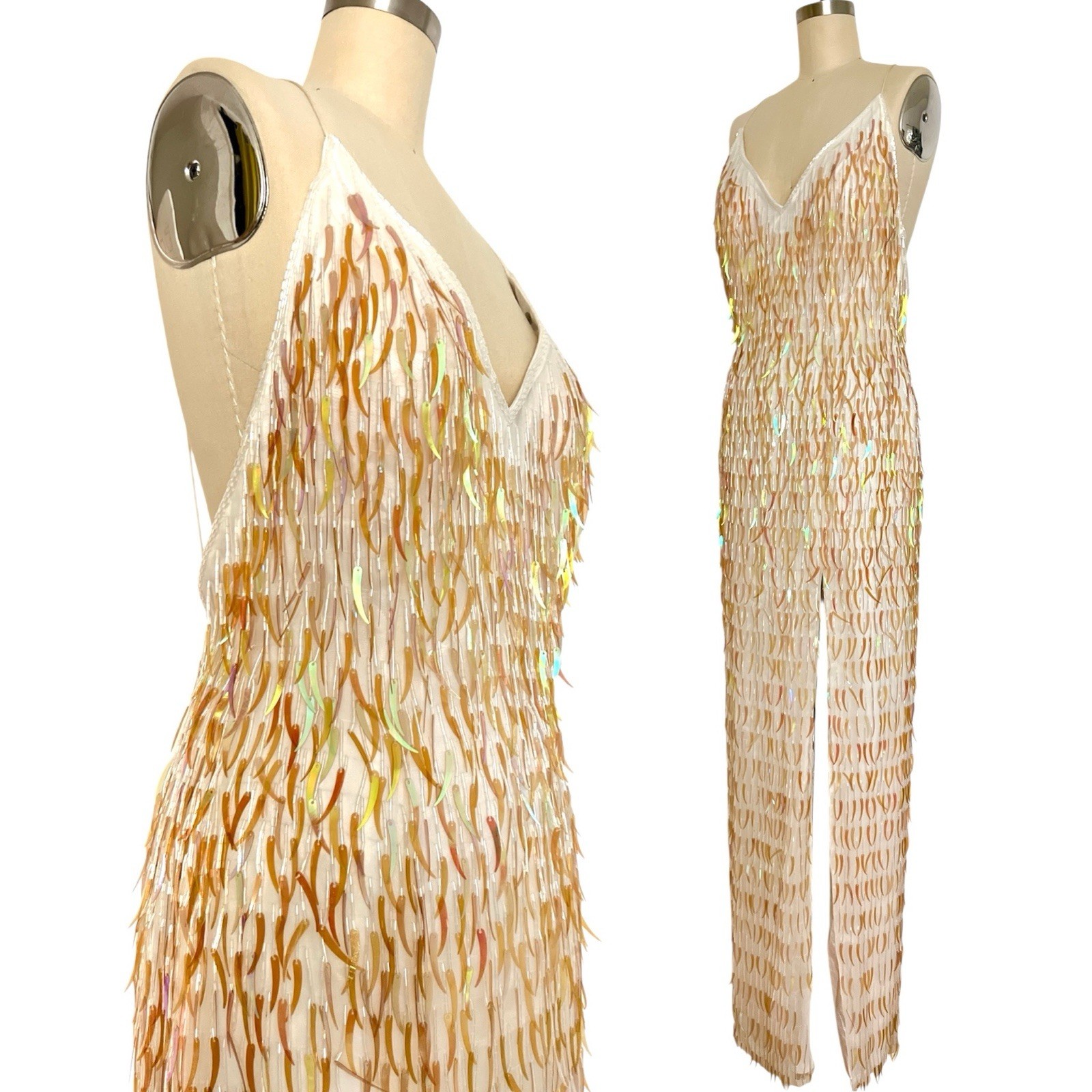 NWT! VTG Y2K 8 M Cassandra Stone Beaded Fringe Maxi Dress Low Bk Wedding Euro