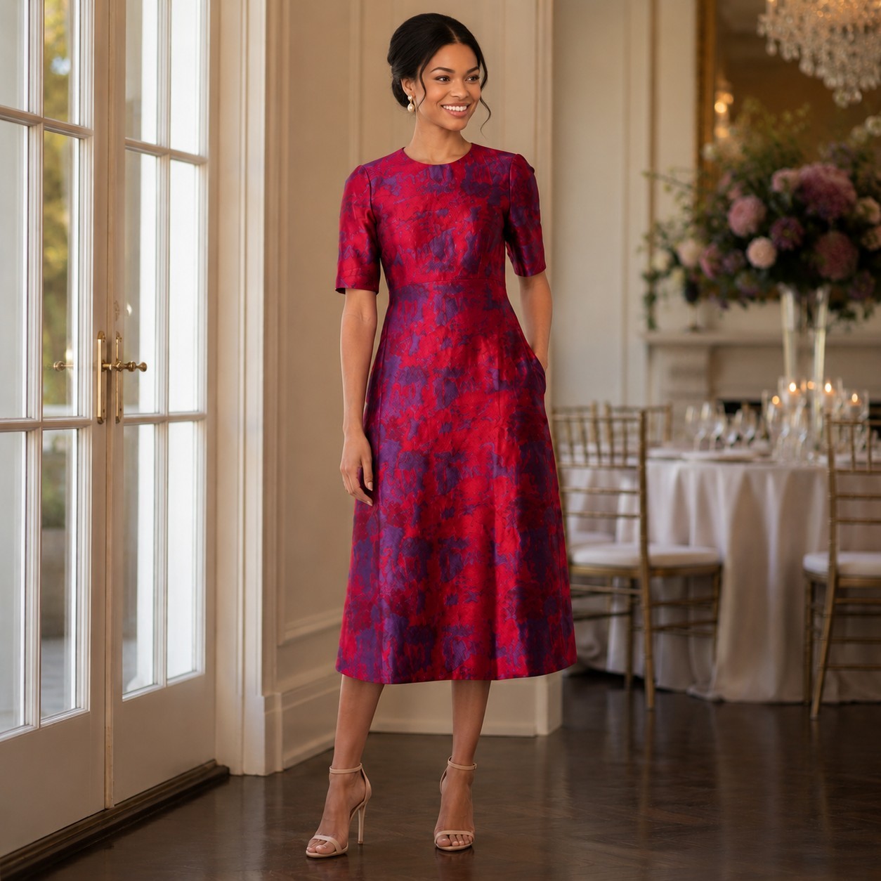Tuckernuck Baldwin Midi Dress L Red Purple Jacquard Wedding Guest Office Chic