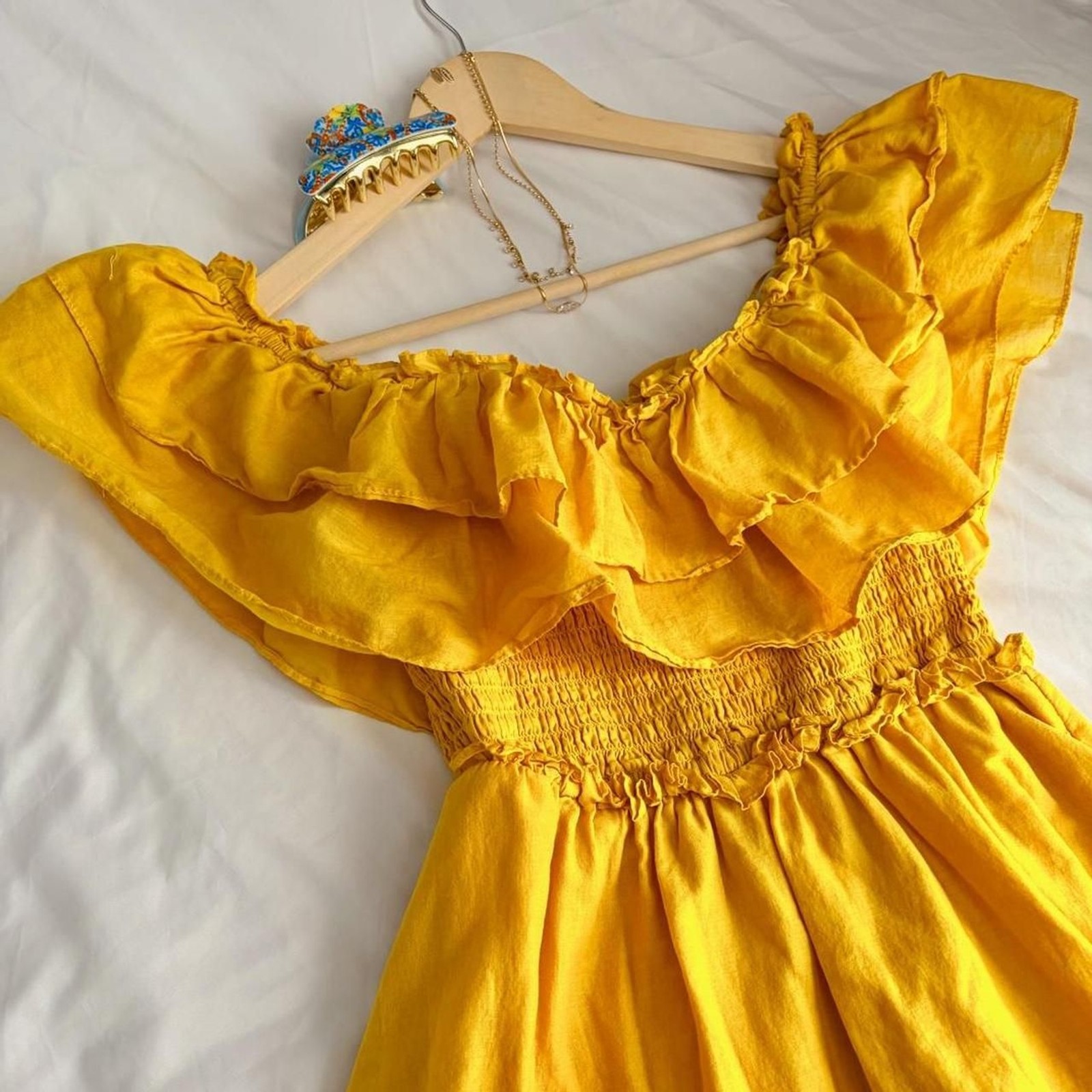 Happy x Nature Vibrant mustard yellow ruffled mini dress