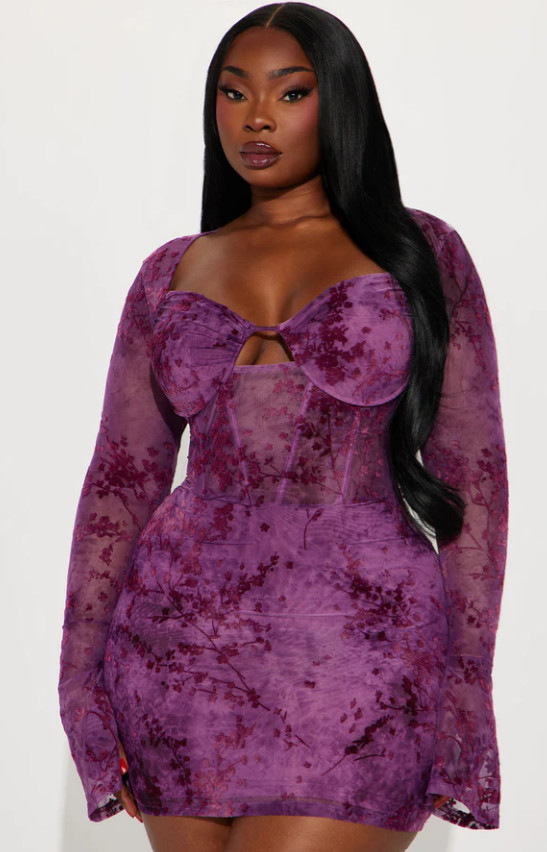 Fashion Nova Women’s Size 2X Plum Floral Mesh Cutout Long Sleeve Bodycon Mini Dr