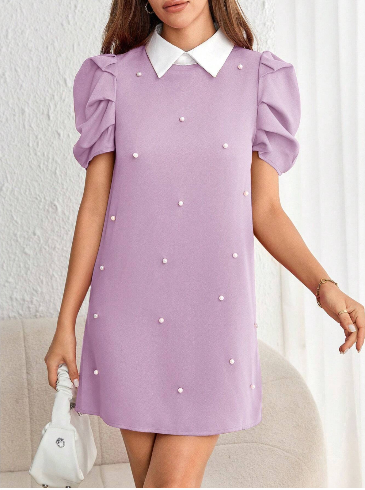 Purple Privé Pearls Beaded Puff Sleeve Dress Sz XS S M L XL