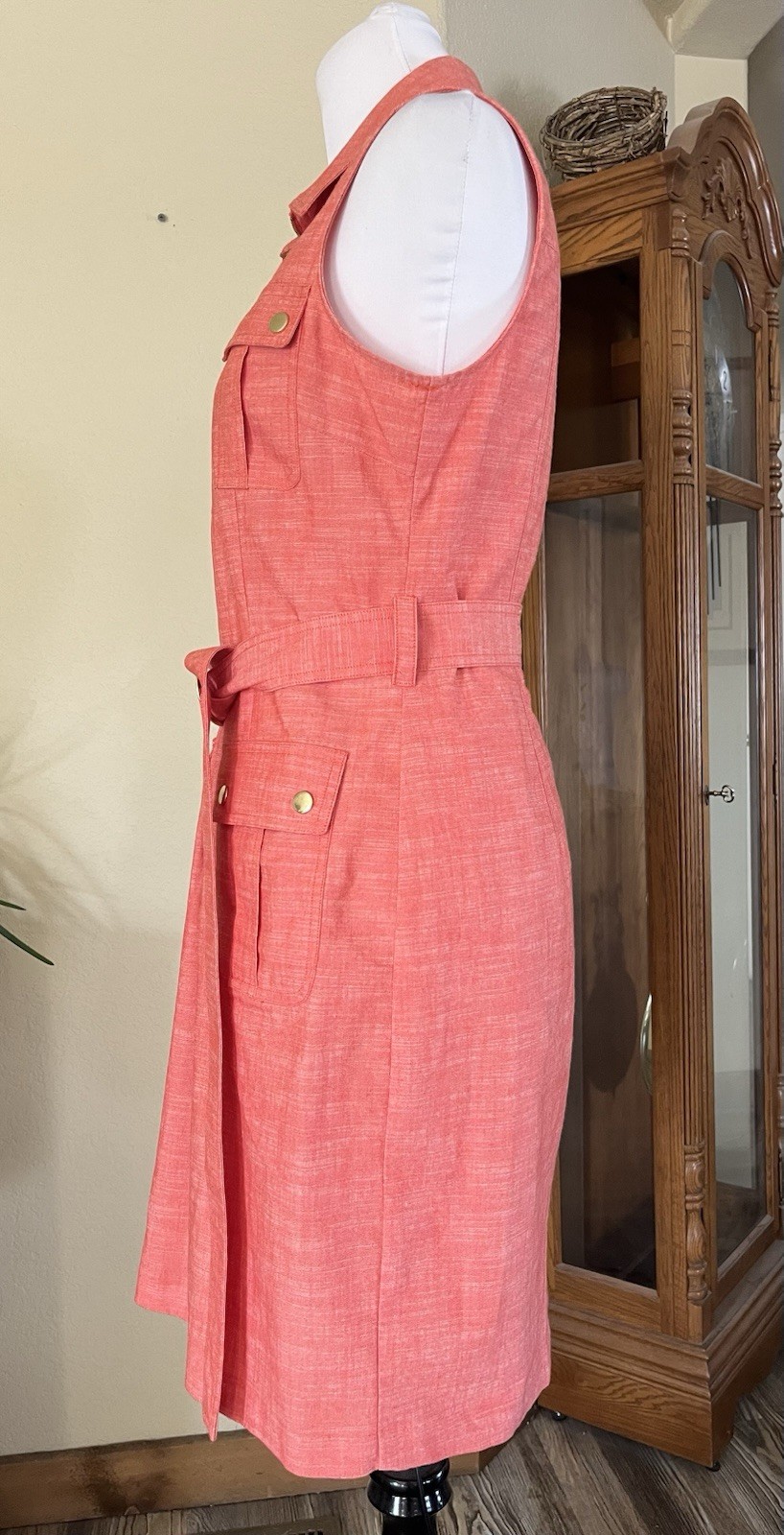 Sharagano Peach Sleeveless Utility Shirt Dress with Belt – Size 8