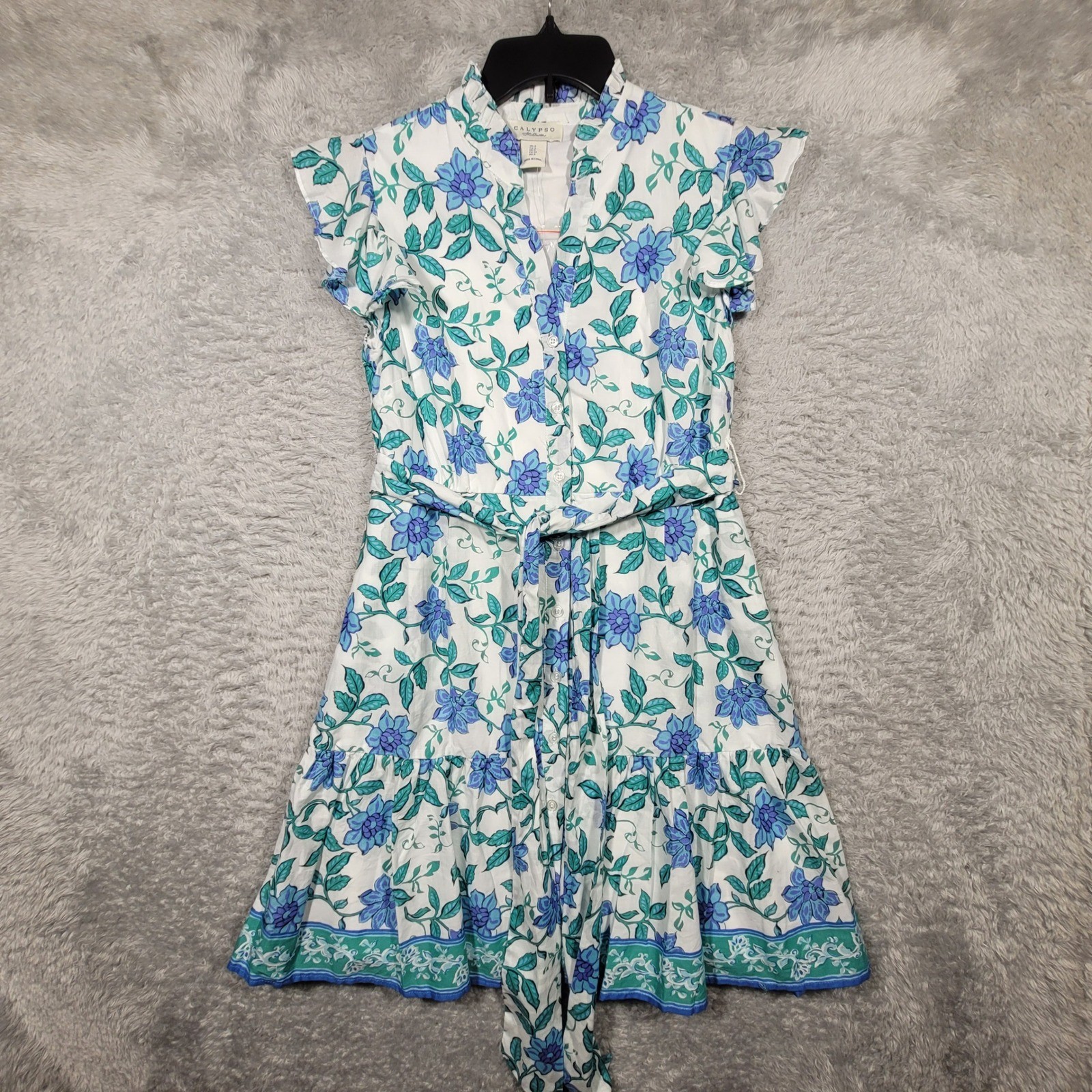 Calypso St Barth Dress Womens 2 Floral Ruffle Sleeve Tie Waist White Blue Green