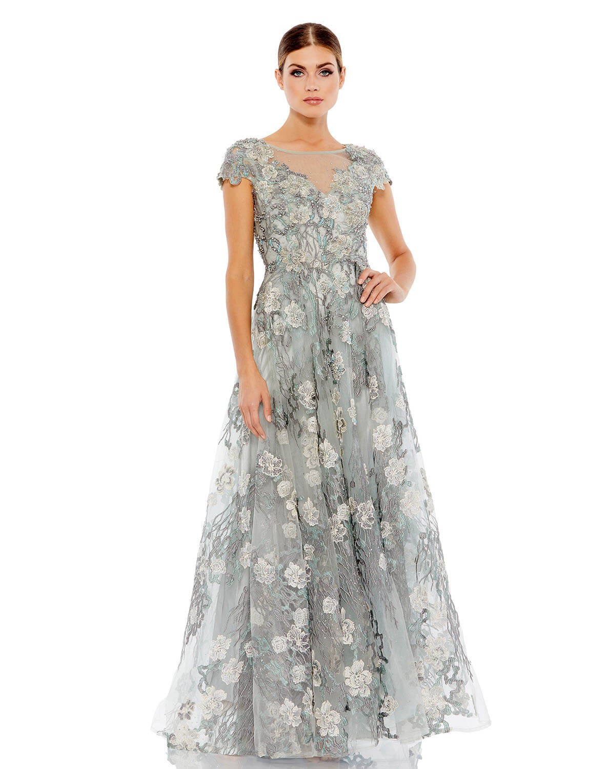 Mac Duggal 20294 Floral Embroidered & Embellished A-Line Gown Sz 4 Sea Mist $798