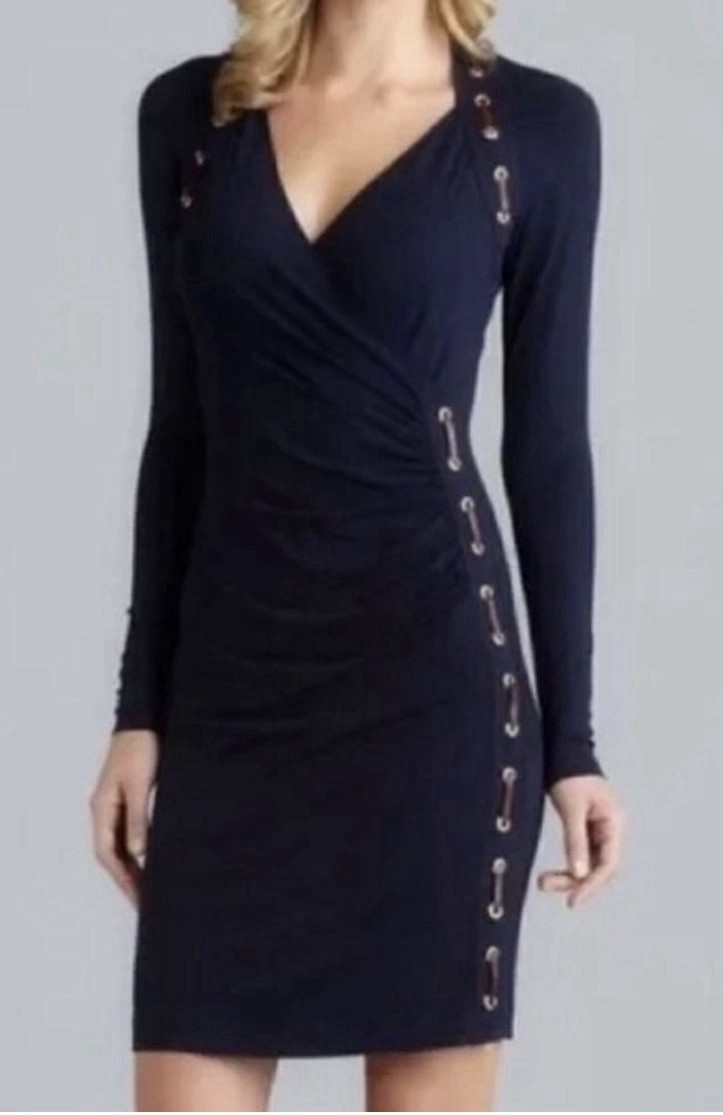Carmen Marc Valvo Black Jersey Wrap Sheath Dress V-Neck Long Sleeve XL