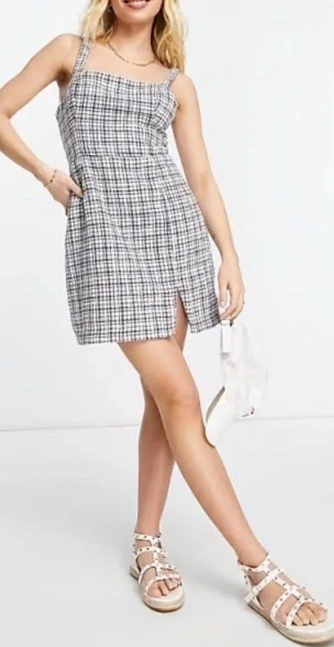 NWT Abercrombie &Fitch Plaid Tweed Mini Dress Navy Cream Tan Medium Sheath Shift