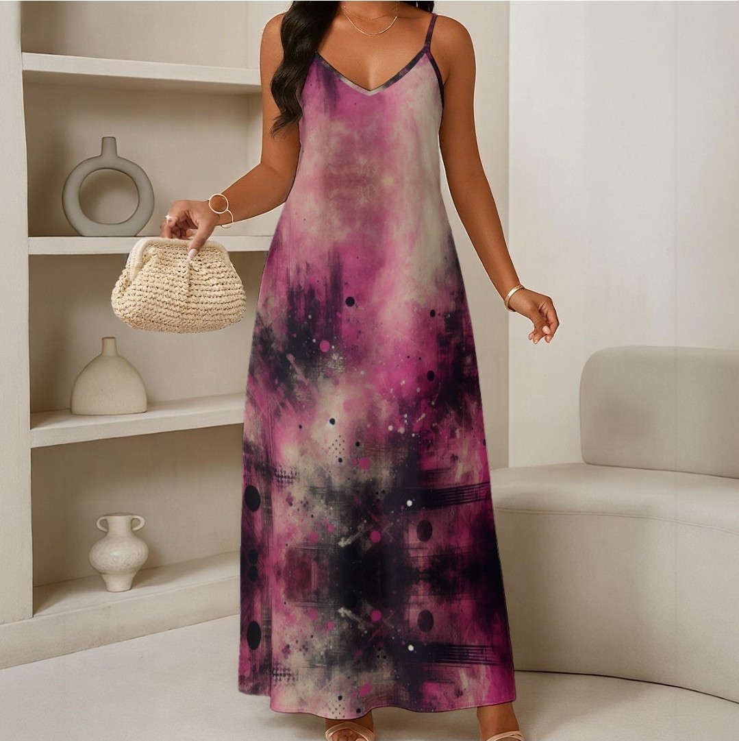 Purple Tie Dye Maxi Slip Dress V-Neck Spaghetti Strap Sleeveless Woven L