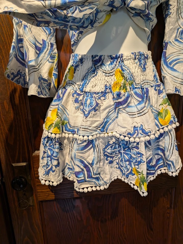 LUISA POSITANO 2pc Dress Wrap Crop Top/ Tiered Mini Skirt Set Sicilian Lemon 4E