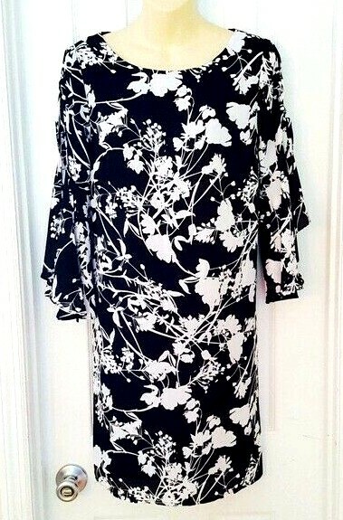 Worthington Womens Dress Size Small Black White Floral Lace Up Flutter Sleeve