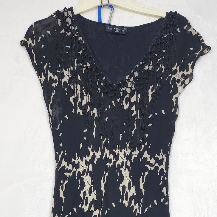 Vintage Temptation Dress Womens L Black Floral Crochet Fringe High Low Maxi Boho