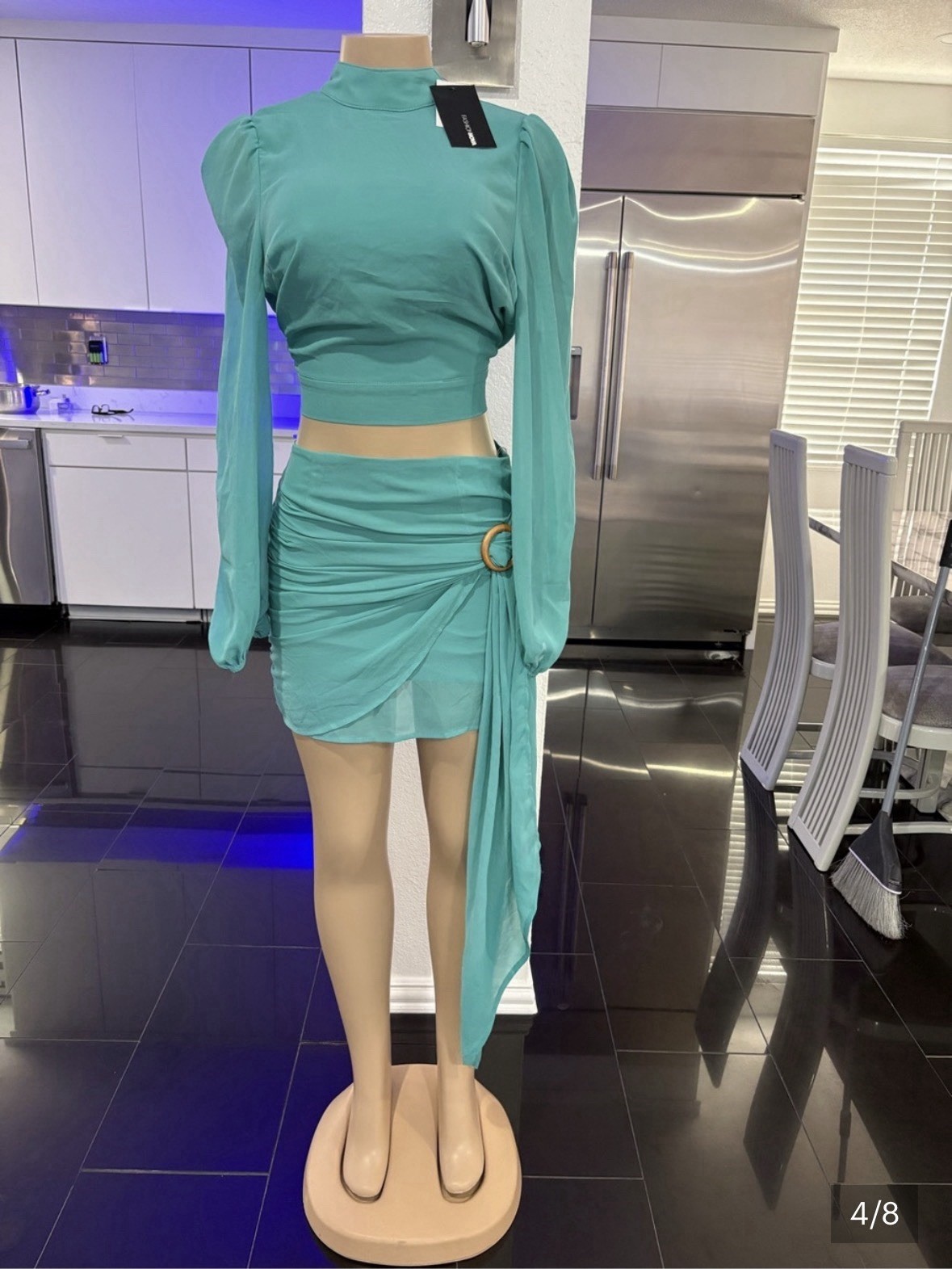 Fashion Nova Women’s Turquoise High Neck Puff Sleeve Open Back Mini Skirt S 2PC