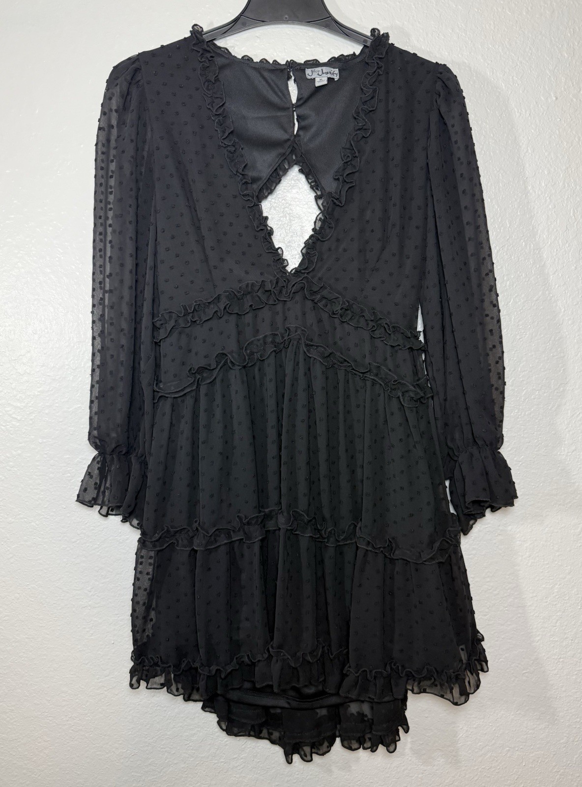 Black Polka Dot Ruffle Hi-Low Mini Dress V-Neck Bell Sleeve XL – J for Justify