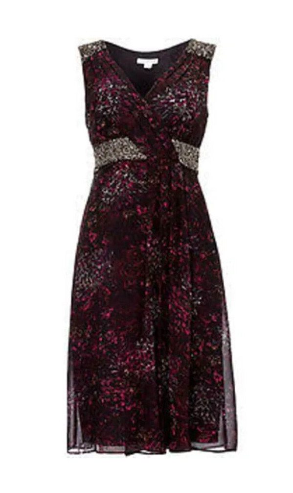 BNWT MONSOON Black/Pink/Floral Wrap Style Floaty Dress Hand Beaded UK Size 12