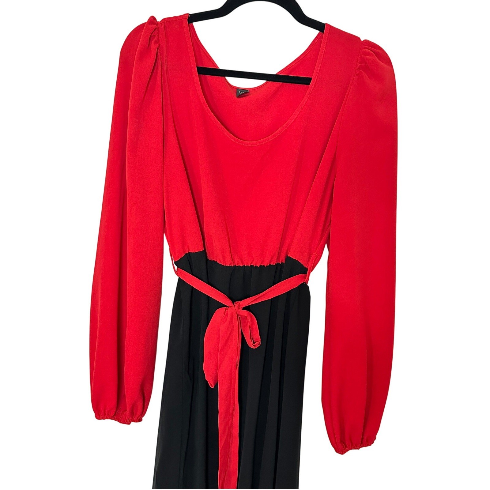 Shein Curve Womens 1XL Red Black Colorblock Maxi Dress Long Bishop Sleeve Belted