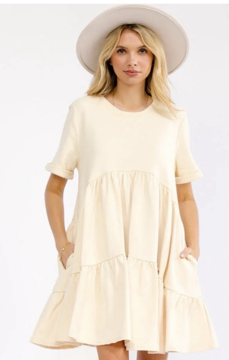 Women’s Cream Solid Mini Dress Size S Crew Neck Short Sleeve Ruffle Pockets