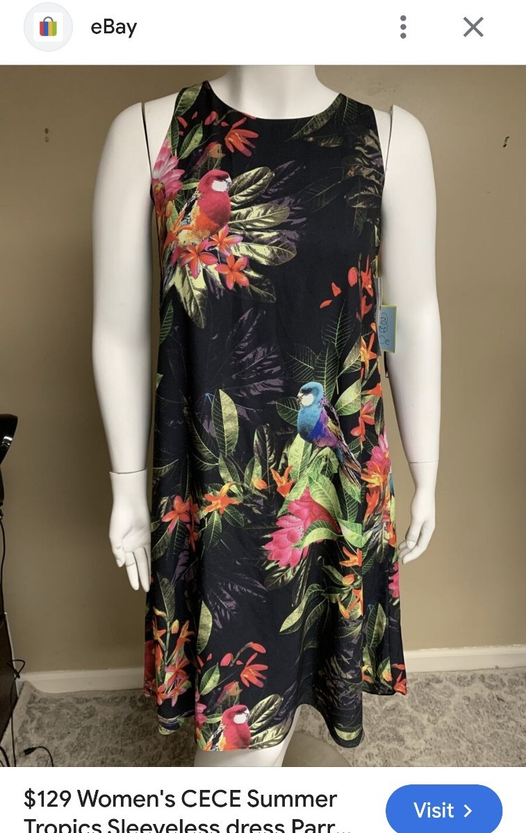CeCe Black Tropical Bird Floral Shift Dress, Sleeveless Round Neck Knee Length M