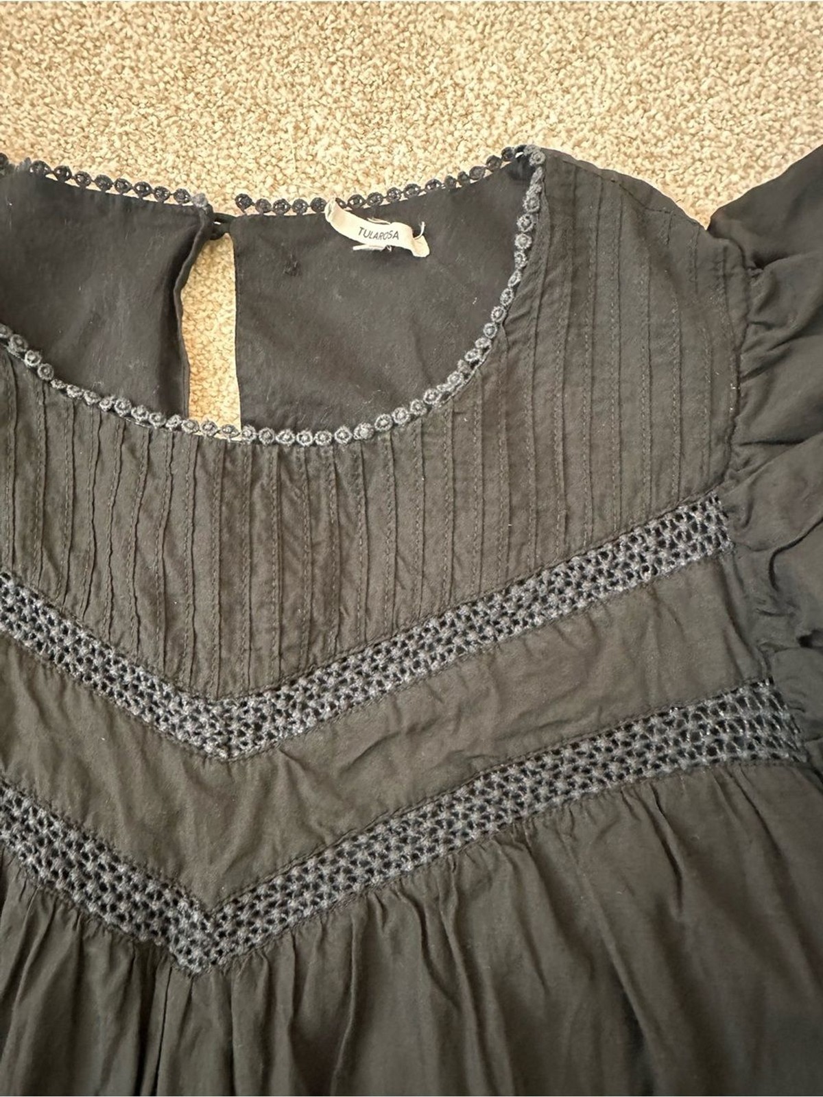 Tularosa Revolve Black Flutter Sleeve Babydoll Dress Crochet Lace Trim Large
