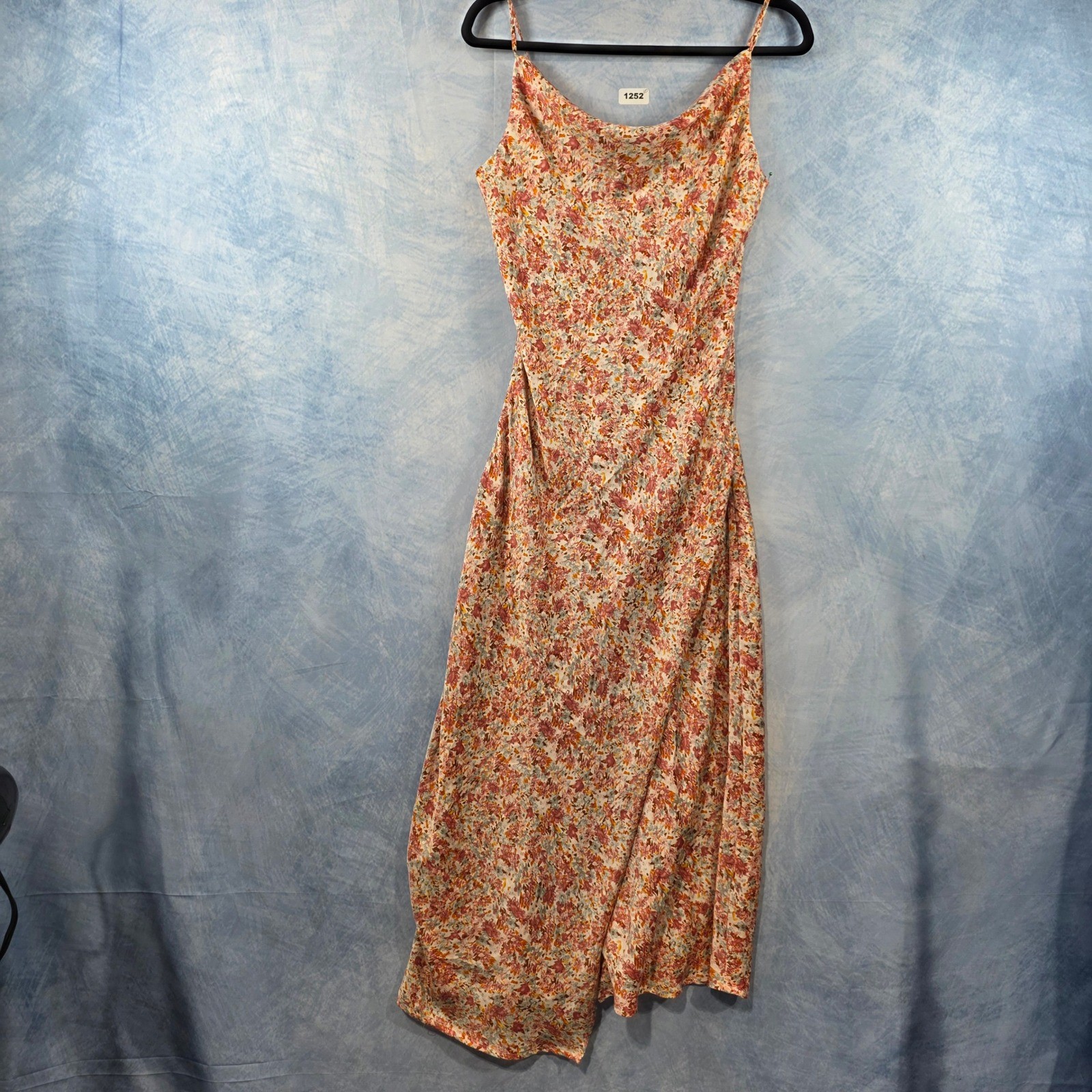 Dex Floral Cowl Neck Midi Slip Dress Pink Orange Small Asymmetrical Hem