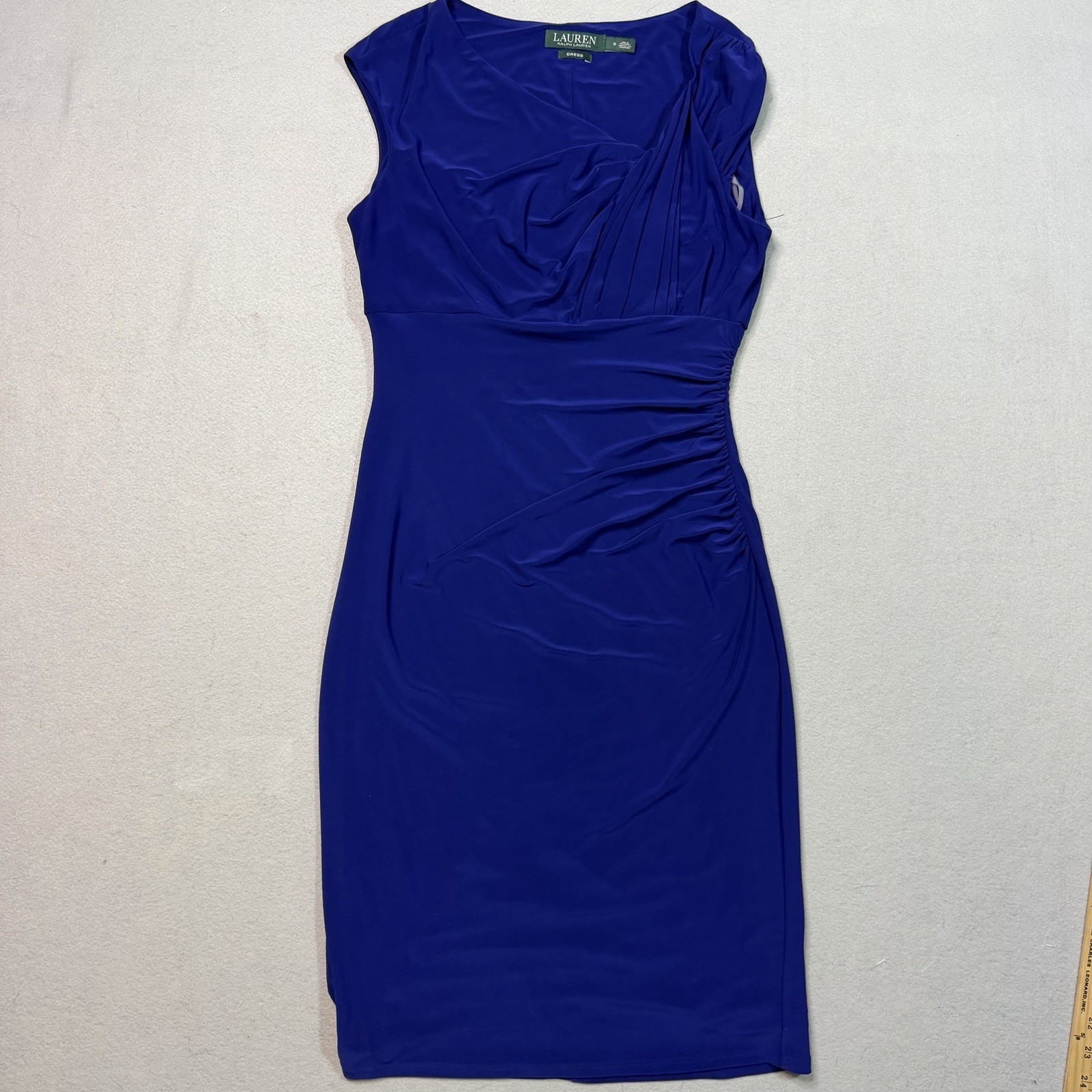 Ralph Lauren Dress Womens 6 Blue Ruched Sheath Pullover Stretch Lined Ladies