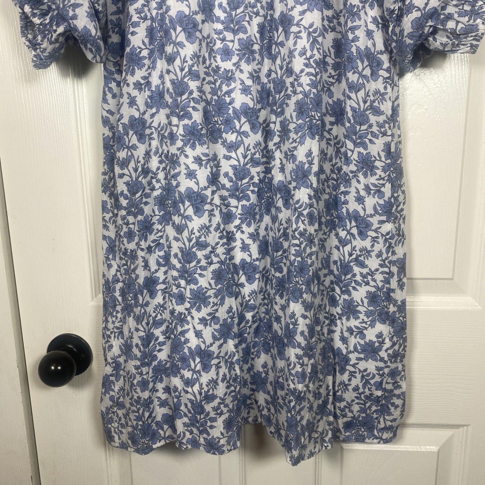 Indigo Rose, Petite Small, Blue Floral Puff Sleeve Crinkle Dress Lined Midi Boho
