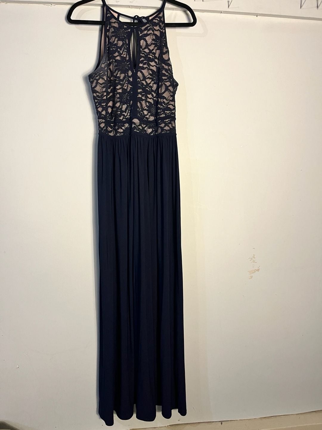 009-0042 Nightway Navy Blue Lace Keyhole Halter Maxi Dress