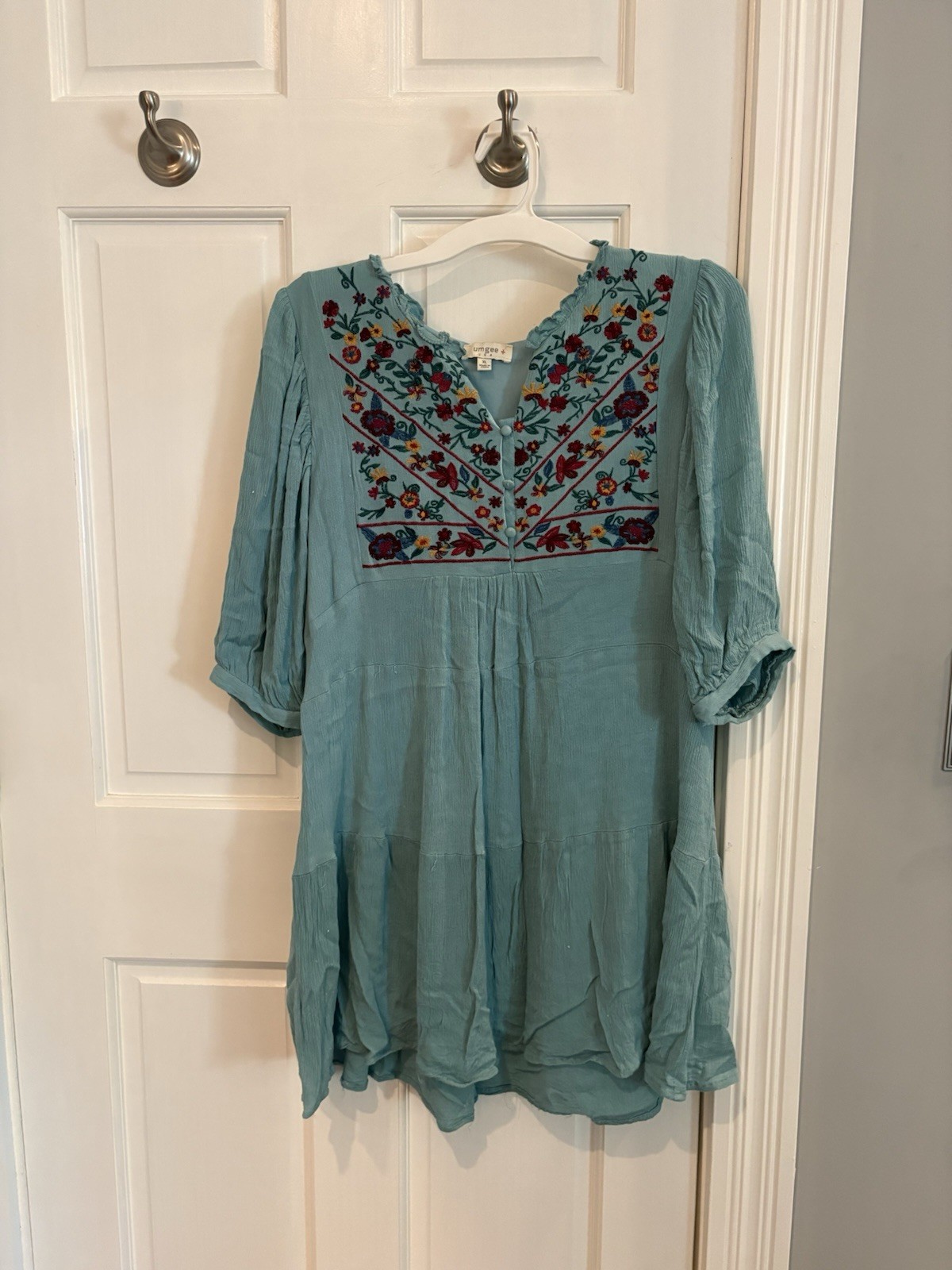 Umgee Women’s Turquoise Blue Embroidered Floral Mini Dress Size XL
