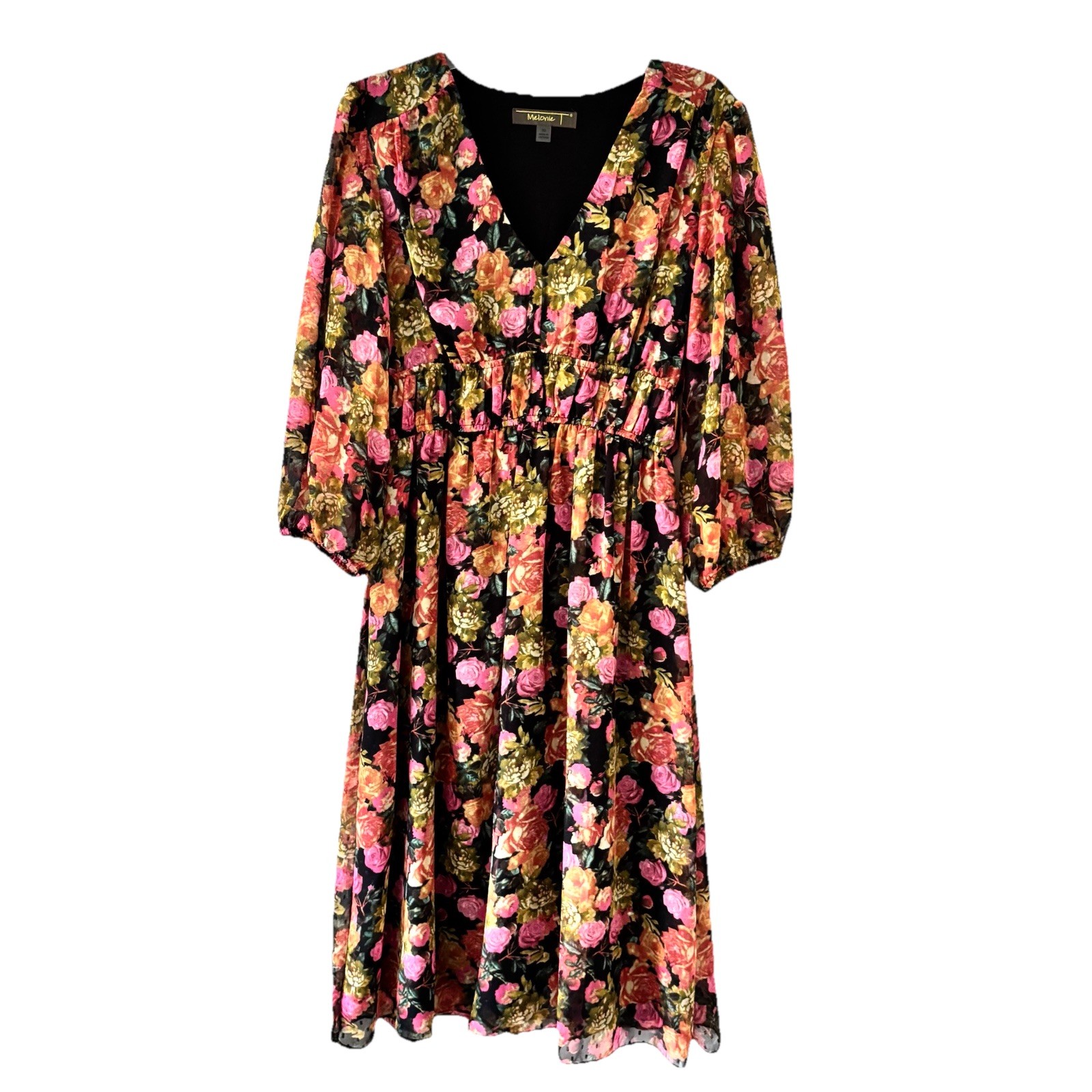 MELONIE T Size 10 A-Line Dress Black Pink Green Floral 3/4 Sleeve Midi