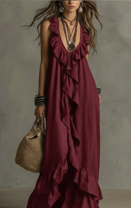 Women V Neck Ruffle Sleeveless Maxi Dress Loose Bohemian Solid Beach Sundress