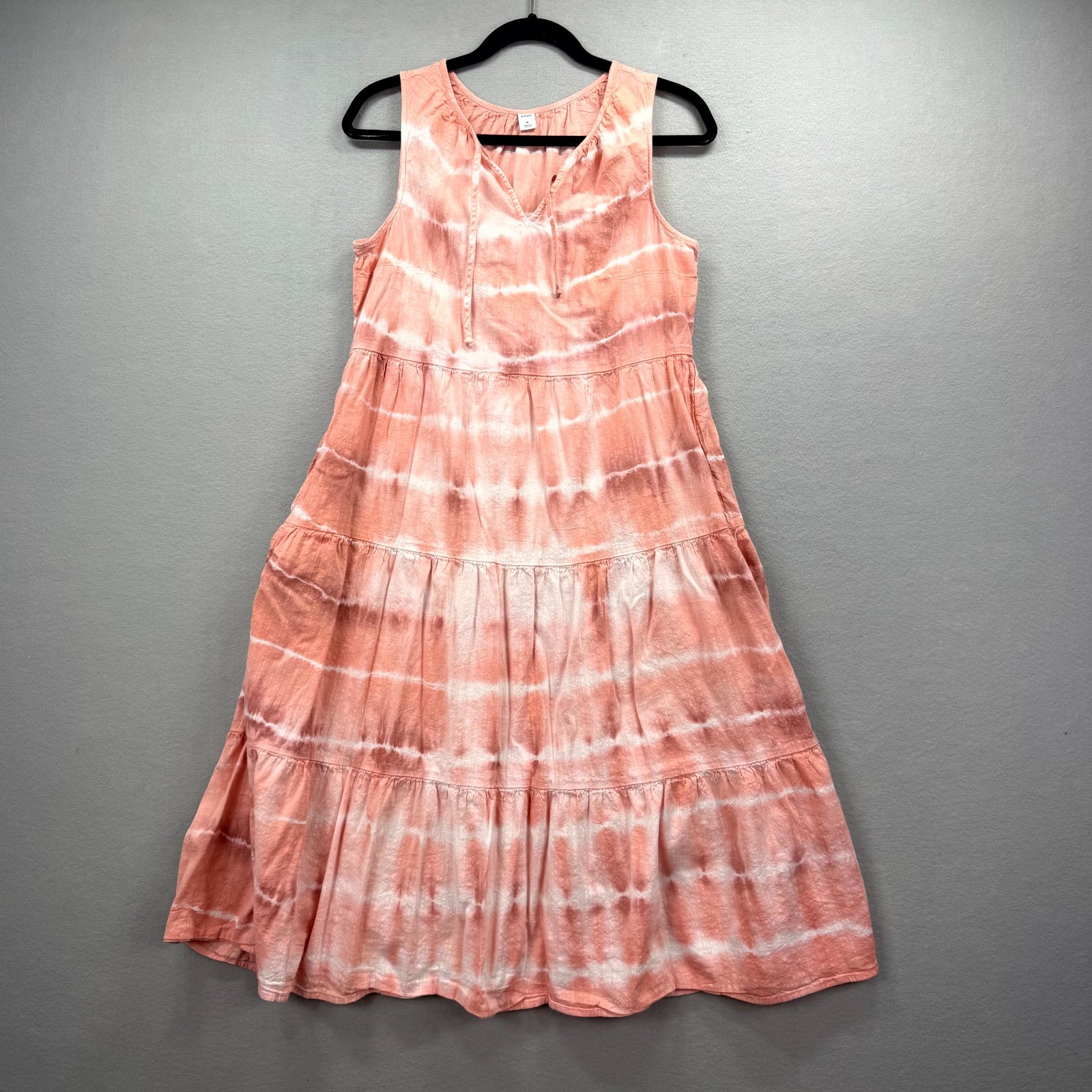 Old Navy Tiered Mini Dress Womens Medium Coral White Tie Dye Cotton Pockets