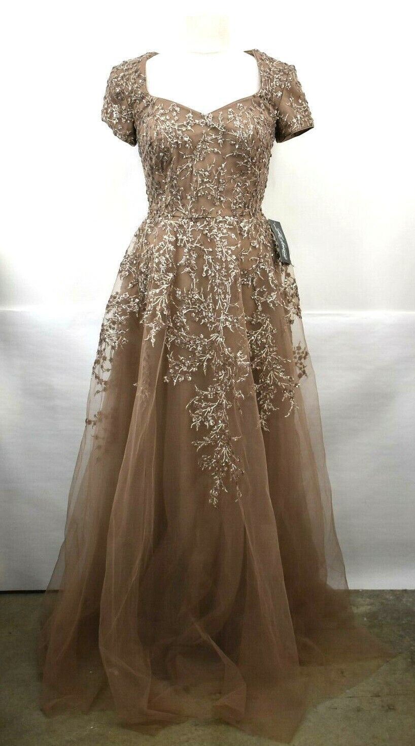 La Femme Womens Brown Sweetheart Neck Short Sleeve Tulle A-Line Embellished Gown