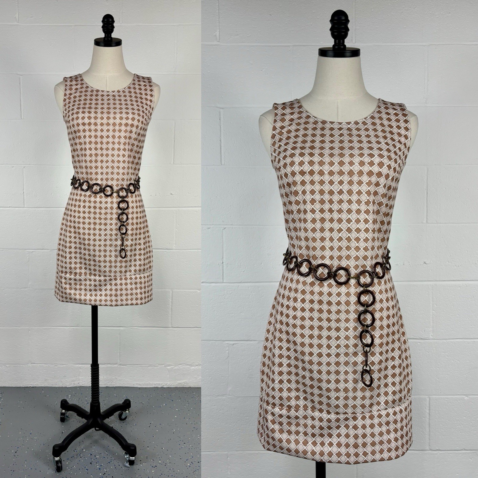 Vintage 60s Brown Polyester Knit Mini Shift Dress Allover Tile Print Mod Go-Go 4
