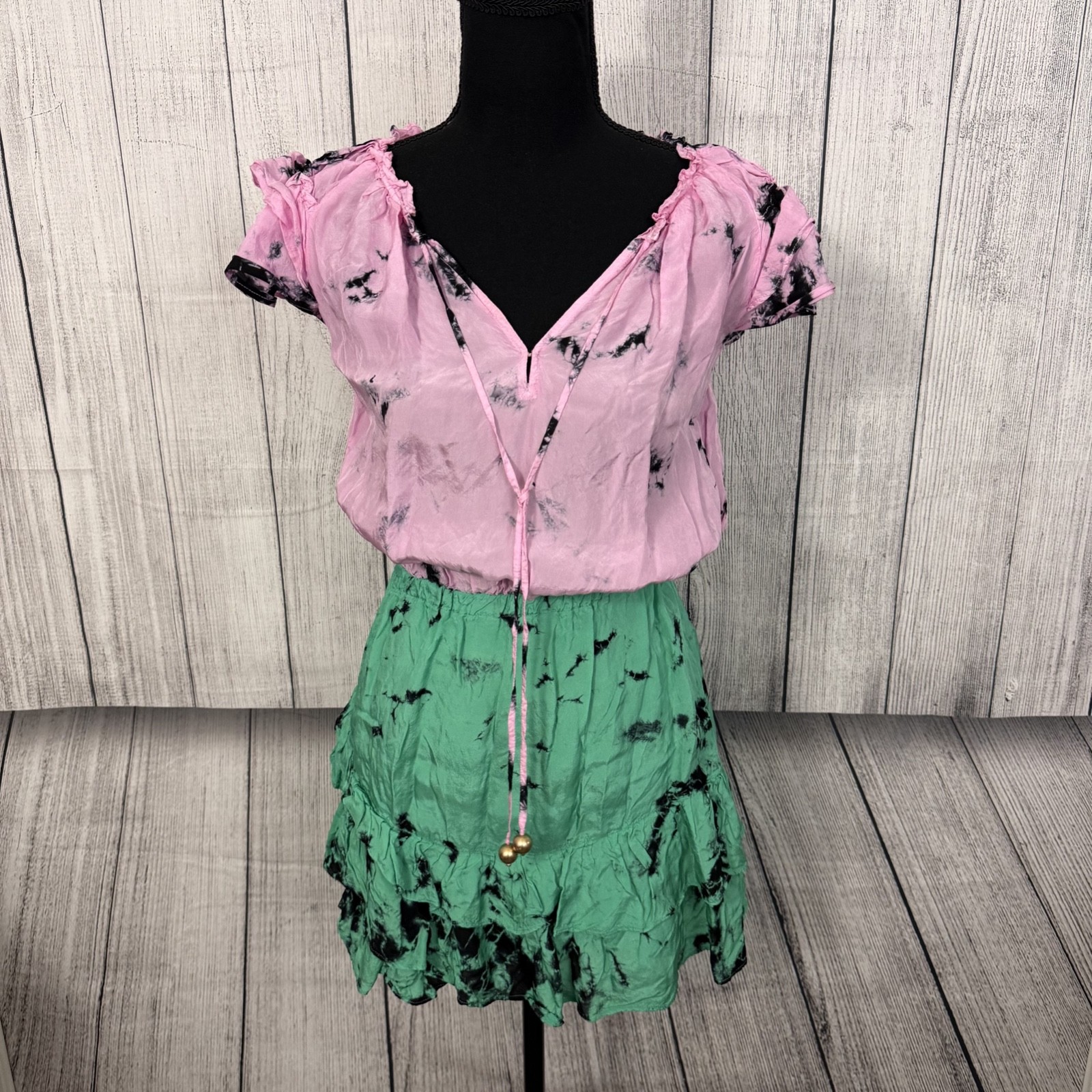 Karina Grimaldi Women’s Small Pink and Green Tie-Dye Silk Ruffle Sleeve Dress