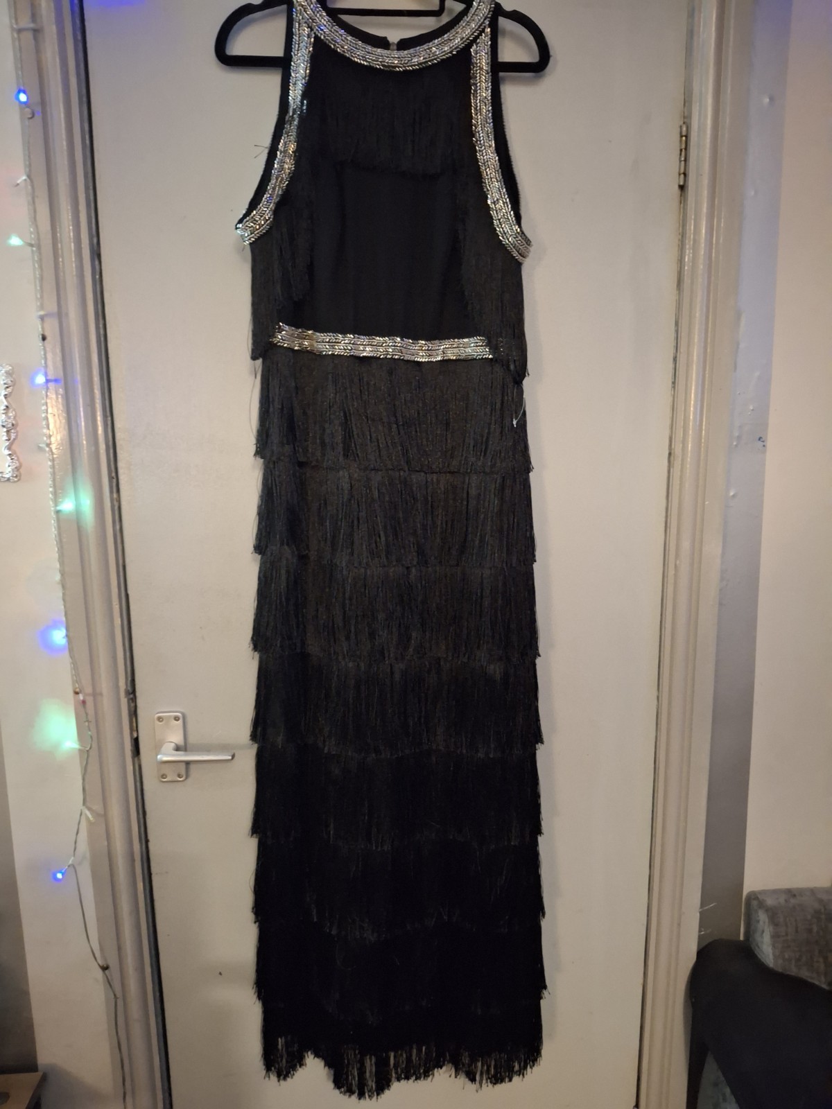 Unique Long Length 20s Style Cold Shoulder Black Dress With Silver Decoctation