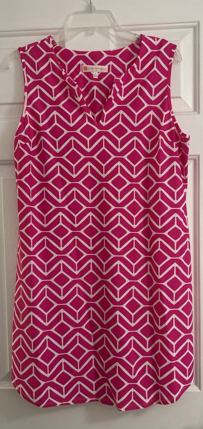 Jude Connally Women’s Pink White Sleeveless Shift Dress Large Summer Geometric