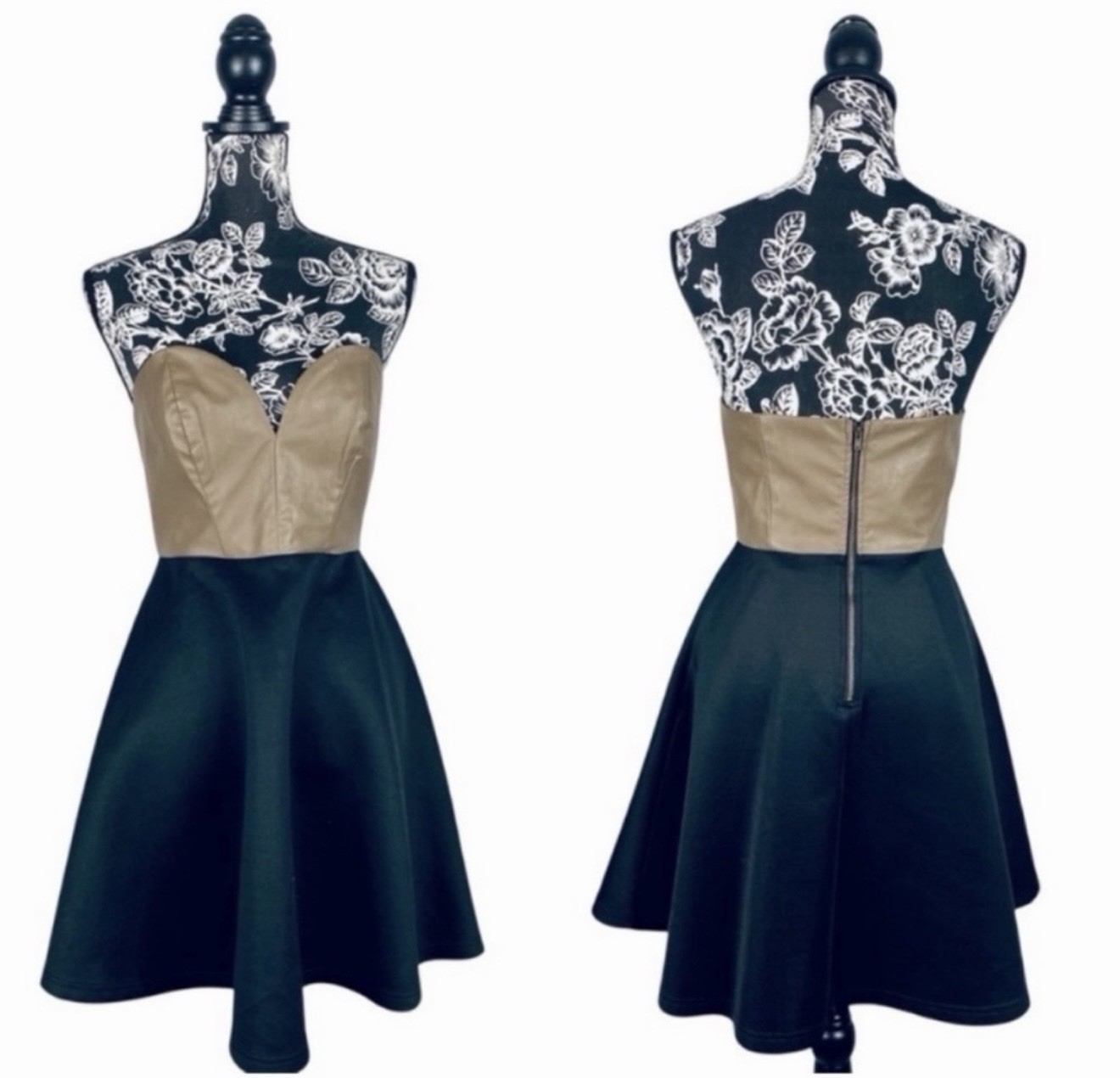 Double Zero brown/black faux leather strapless fit and flare dress size medium