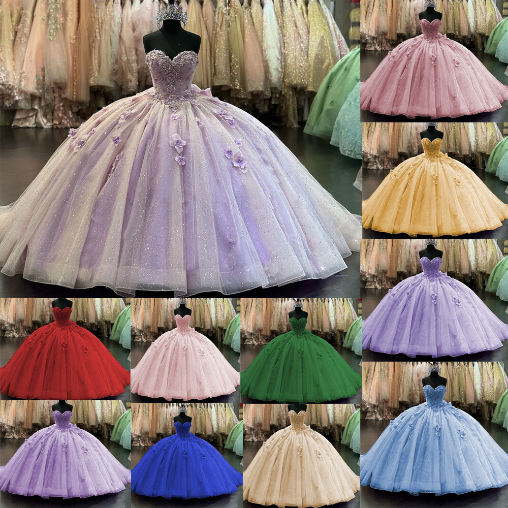 Sweet 15 16 Quinceanera Dresses Ball Gowns Glitter 3D Floral Vestidos De 15 Años