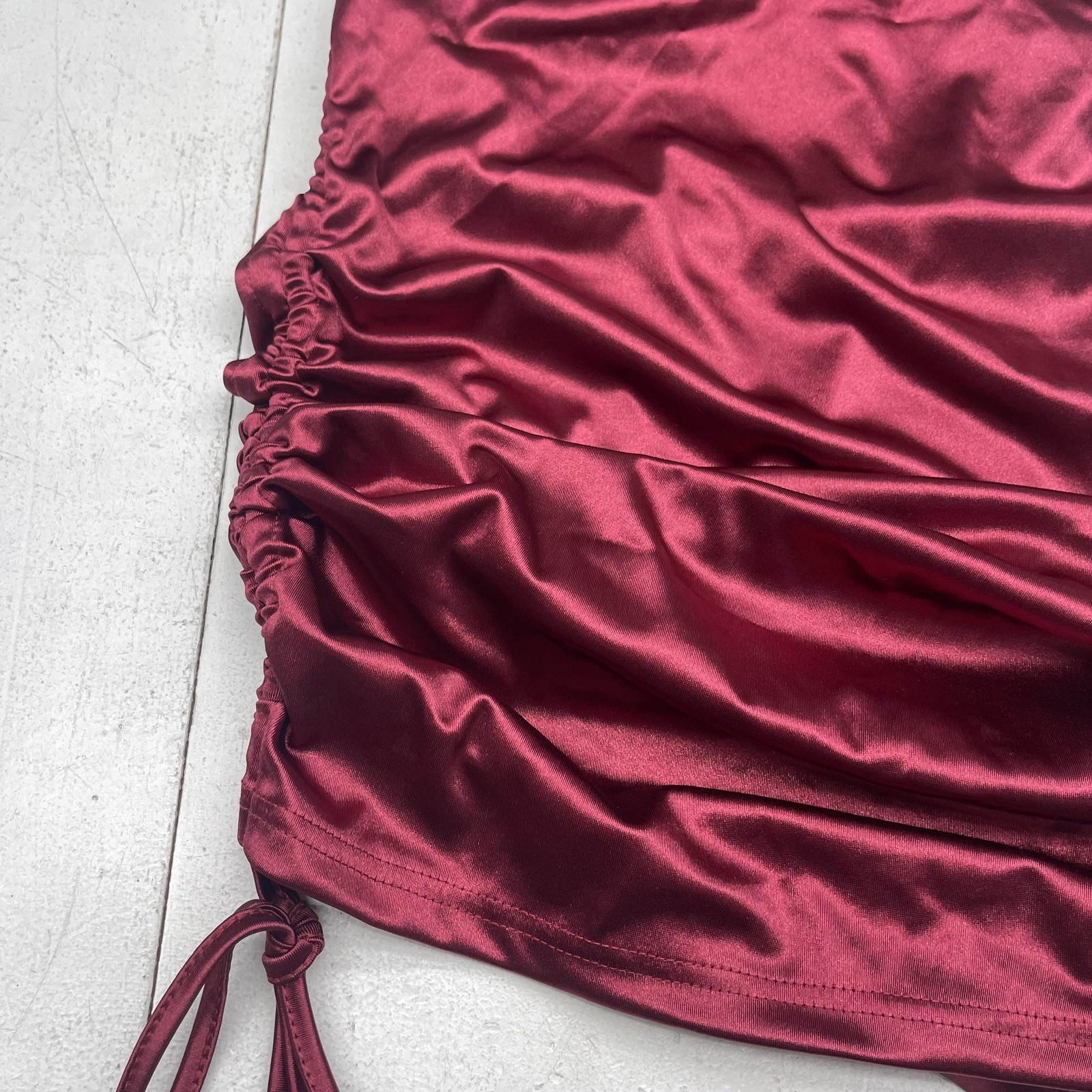 Ruched Satin Dress Womens Medium Burgundy Bodycon Mini Spaghetti Straps Party